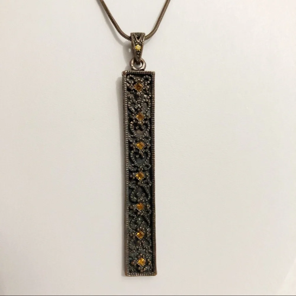 Rectangle Bar Pendant Necklace Amber Rhinestones - Picture 1 of 5